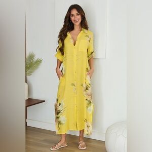 (5-42-MAGNOLIA-YEL) BUTTON DOWN LONG MAGNOLIA FLOWERS LINEN DRESS